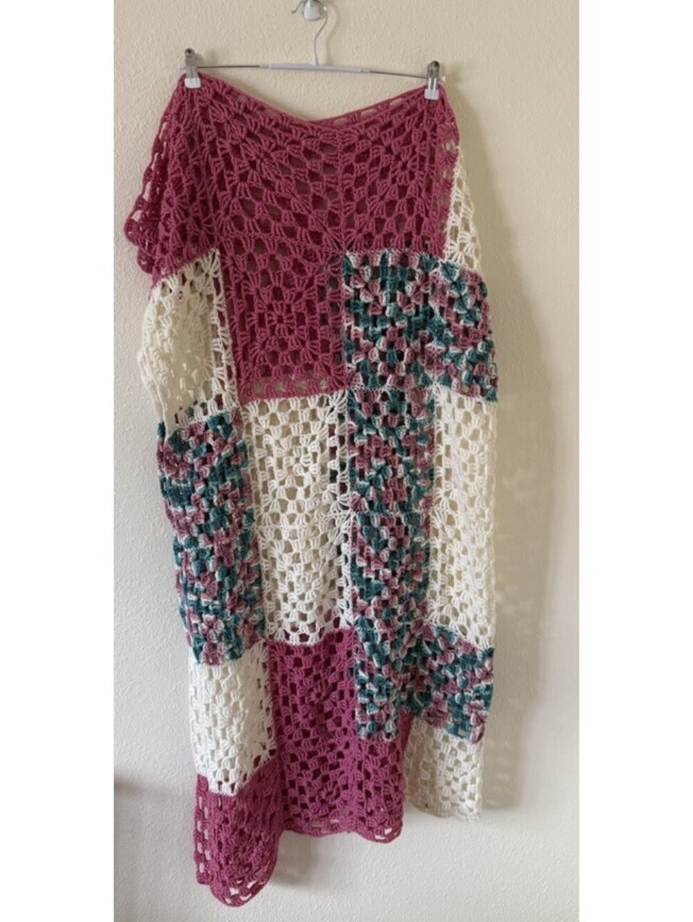 Afghan Lap Throw Blanket Granny Squares Rose Pink Green White